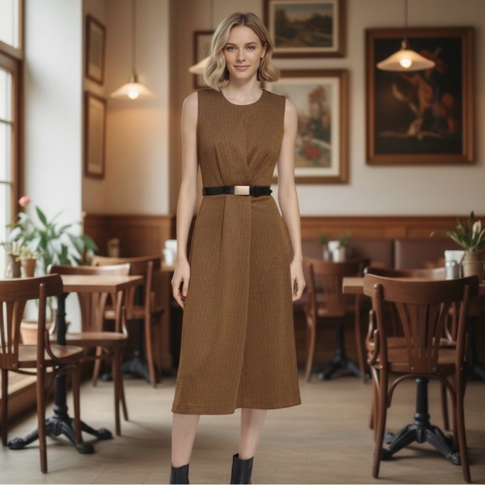 Calvin Klein Brown Midi Dress with Black Belt